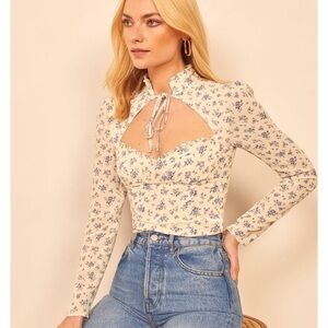 Reformation Stam Top Ivory and Blue Floral